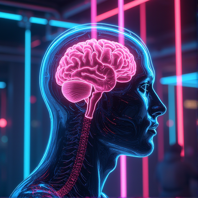 A side profile digital illustration of a human head with a glowing neon pink brain depicted inside, set against a vibrant background of neon lights.