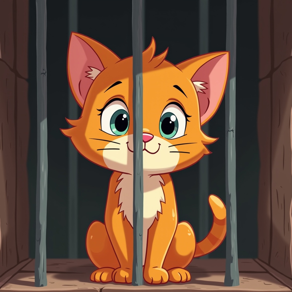 Cute animated cat in a cage. Cat has orange fur and bright green eyes. Sad expression. Cage bars visible in the foreground.