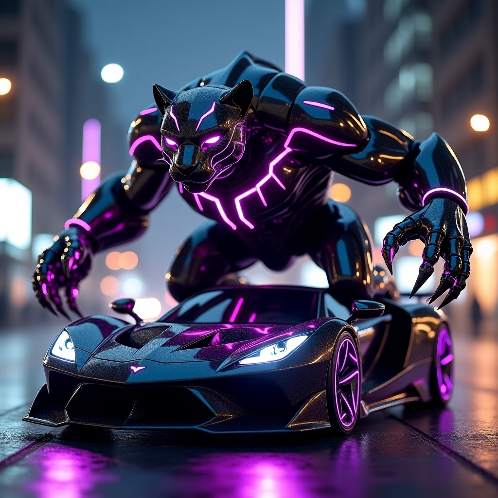 Sebuah kreasi hibrida dari mobil sport hitam ramping dengan lampu neon ungu dan Black Panther, diubah menjadi Transformer bertema Black Panther yang besar dan futuristik. Desainnya menampilkan anggota tubuh robot macan kumbang metalik, cakar tajam, dan aksen ungu menyala di tubuhnya. Transformer memiliki posisi yang mengesankan, memadukan elemen otomotif canggih dengan fitur macan kumbang yang ramping dan kuat. Berlatar di lanskap kota berteknologi tinggi di malam hari, gambarnya sangat realistis, sinematik, beresolusi tinggi, dengan pasca-pemrosesan VFX yang terperinci, pencahayaan ray-tracing RTX, dan gaya fotografi editorial.