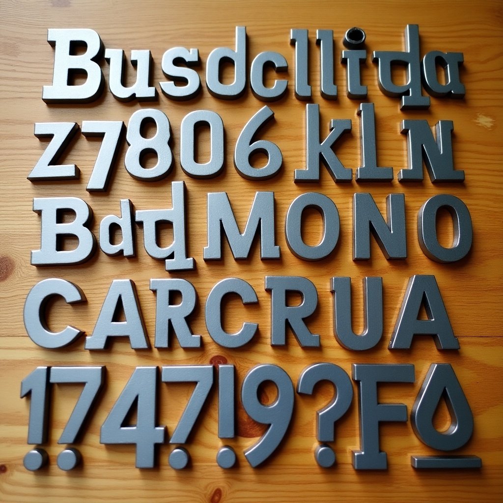 Image displays assorted metal letters and numbers arranged on a wooden surface. The letters are in various styles and sizes. The arrangement appears random with a focus on textures and colors.