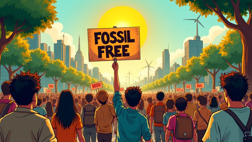 Comic-style illustration inspired by solarpunk aesthetic. City filled with greenery. Protesters hold a sign with 'FOSSIL FREE'. Faces show determination and hope. Solar panels on roofs, wind turbines visible. Bright sunlight enhances optimistic feeling. Painterly textures create a vibrant atmosphere.