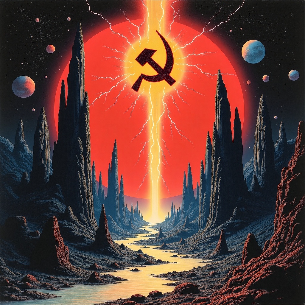 Artwork designed as an album cover capturing essence of space rock theme. Features striking Soviet symbol illuminated by vivid lightning. Otherworldly landscape includes pillars of creation, alien formations, rivers, celestial bodies. Bright red sun contrasts dark rocky terrain creating dramatic effect. Evokes feelings of wonder and trepidation. Hints at narrative of exploration in mysterious universe.