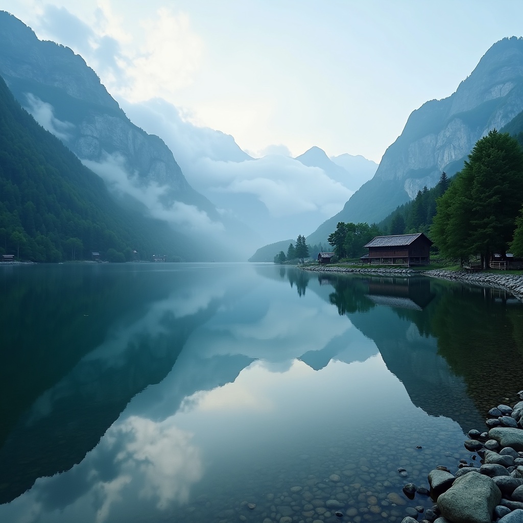 A tranquil scene of a lake surrounded by mountains with a cabin on the shore, reflecting the sky and mountains in the still water.