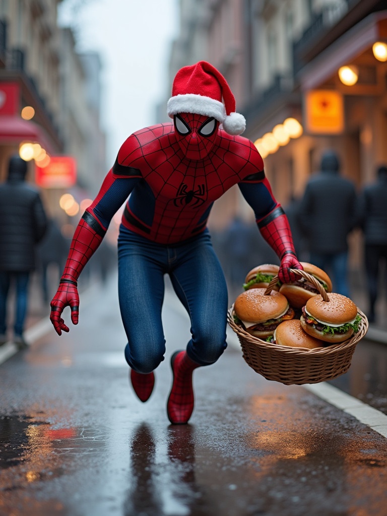 Spider-Man in a Christmas red hat leaps on a street carrying a basket filled with hamburgers.