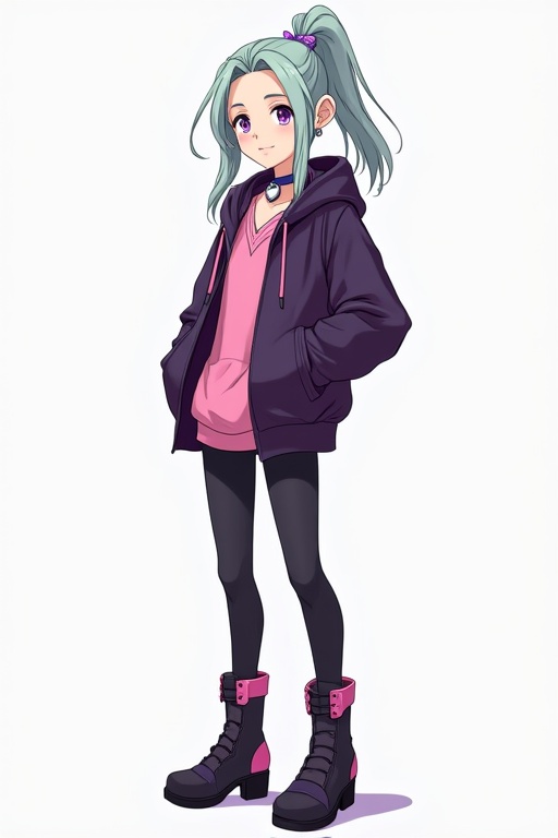 A slender young character wearing a dark purple jacket over a pink top. The character has shoulder-length light green hair styled in a high ponytail with a side braid. Wearing black leggings with pink trim and black high heeled boots. A silver heart choker is visible around the neck. The character has a feminine build and holds a custom Chaos Duel Disk fitting the stylish theme.