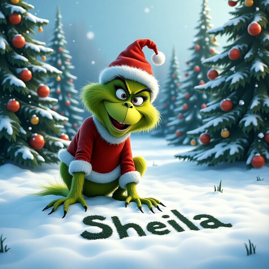 The Grinch is outside in snowy winter. Christmas trees surround. The Grinch is writing 'Sheila' in the snow.