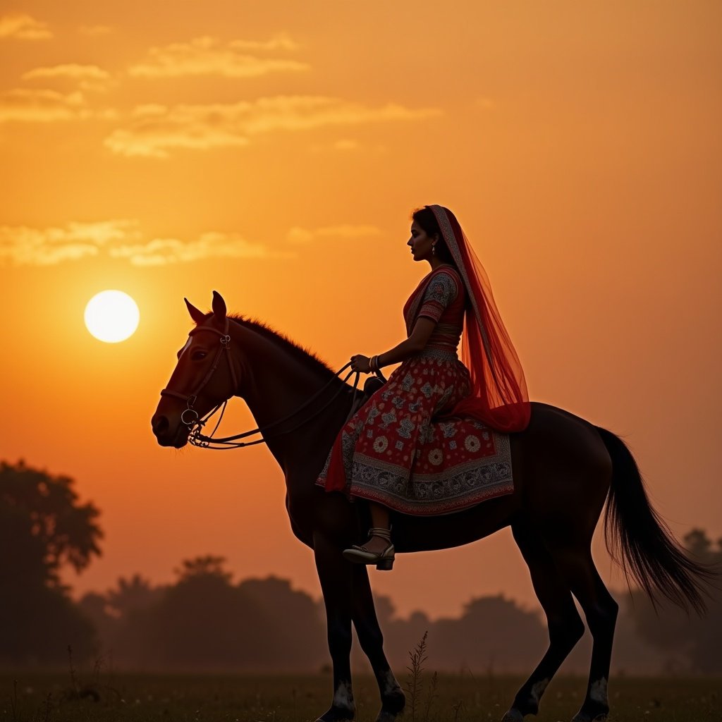 Photo shows a woman in traditional Indian attire riding a horse at sunset. The sari has intricate designs and complements the warm sunset colors. The horse stands in the foreground. The background features a beautiful sunset with silhouette trees.