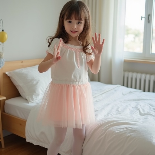 Full body view of playful nine years old girl wearing a blouse and miniskirt. She has brown hair and stands next to a bed. She greets with her hand.