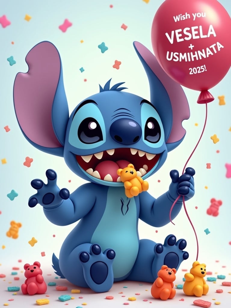 Cute blue alien character named Stitch has big ears and joyful expression. Stitch is sitting down with wide smile showing teeth while throwing gummy bears with one hand. Mouth is full of gummy bears. Confetti and gummy bears are everywhere in the air. In the other hand Stitch holds a balloon with message Wish you VESELA + USMIHNATA 2025.