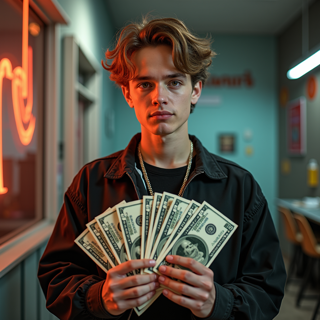 A young person stands indoors holding a fan of hundred-dollar bills, with neon lighting casting a warm glow.