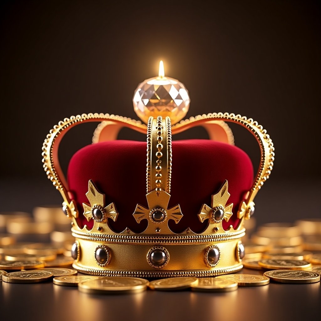 Close up of a maroon and gold royal crown with an oversized diamond on top. Bitcoins scattered around the base. Social media live streamer image in the background. Energy released with a princess diamond cut design. Premium style with a futuristic aesthetic and candle lit effect. Highly capsuled listing image.