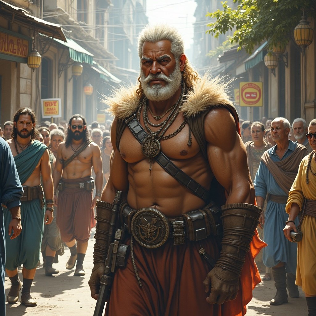 A muscular warrior leads a crowd of followers in a bustling street. The character has white hair and a fur collar. The scene features ancient architecture and a diverse group of people. The setting exudes an adventurous atmosphere.