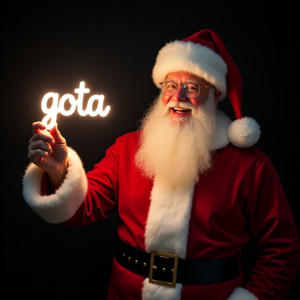 Santa Claus in traditional red and white suit. Holding glowing text 'Ágota.' Jolly expression. Dark background enhancing glow. Festive scene embodying Christmas magic.