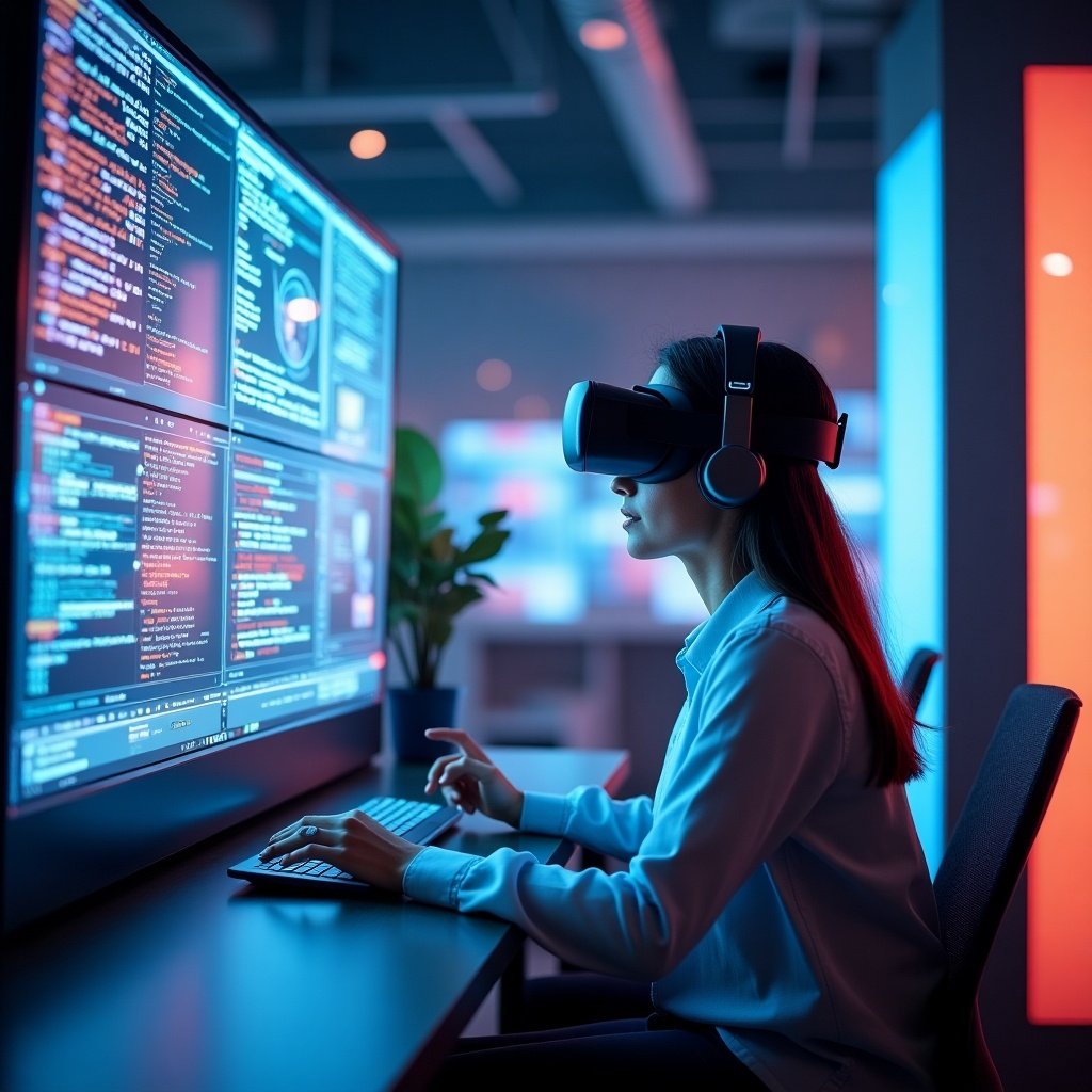 Person using VR headset in a tech-inspired workspace. Display screen shows code and graphics. Focus on engagement with virtual tools.