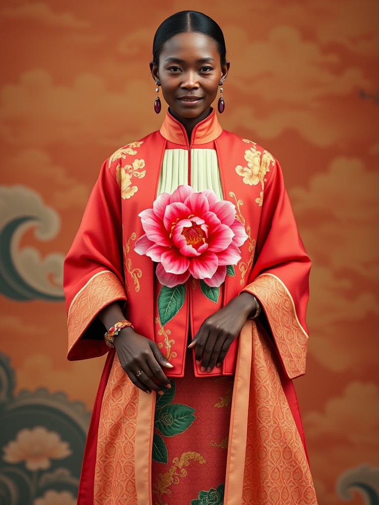 A woman wearing an elaborate red robe adorned with floral designs poses against a cloud-patterned background.