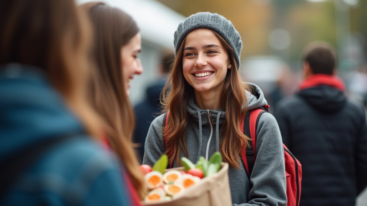 Capture the joy of grocery shopping at an outdoor market, showcasing a young woman in casual attire smiling with a bag of fresh produce, amidst an urban backdrop.