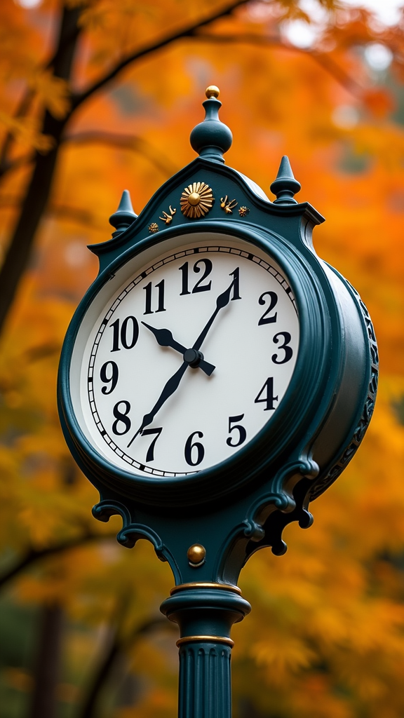 An elegant street clock stands against a vibrant backdrop of orange autumn leaves.