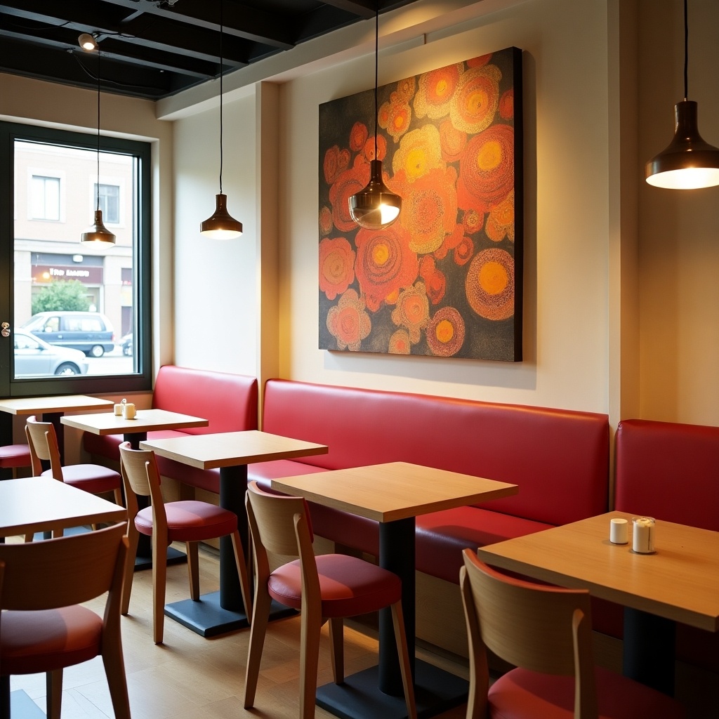 This image captures a warm and modern cafe interior. It features light wood furniture paired with cozy red cushioned seating. A striking piece of vibrant wall art adds a pop of color to the space. The pendant lighting above creates a welcoming ambiance. You can imagine enjoying a cup of coffee while soaking in the artistic atmosphere.