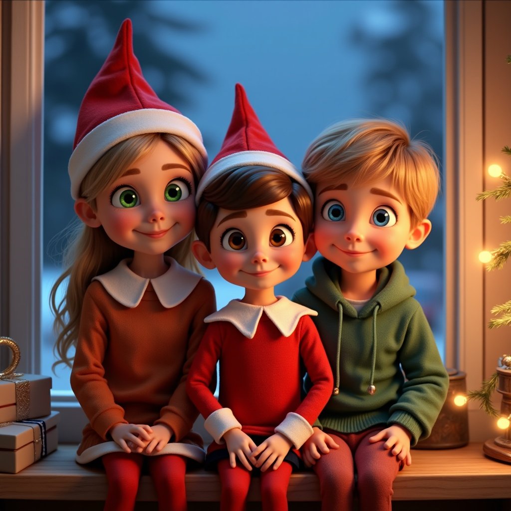 Pixar style picture of three children posing with an elf on the shelf. First child is a girl aged seven with blonde brown hair and green eyes. Second child is a four year old boy with medium blonde hair and brown eyes. Third child is a baby boy with short brown hair and blue eyes. Background features Christmas scenery.