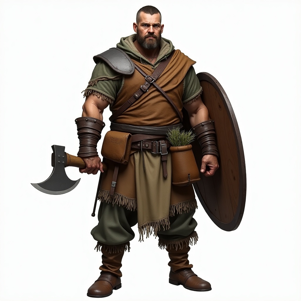 Artur, a warrior of the people, stands tall with a fierce expression. His humble origin is evident in his simple clothing, displaying earthy tones like browns and greens. He is equipped with a rustic axe and a sturdy shield, reflecting his commitment to reclaiming justice for his land. With a broad build and a determined demeanor, Artur embodies resilience and solidarity with the oppressed. His practical armor, crafted from leather and repurposed metal, emphasizes his role as a grassroots leader.