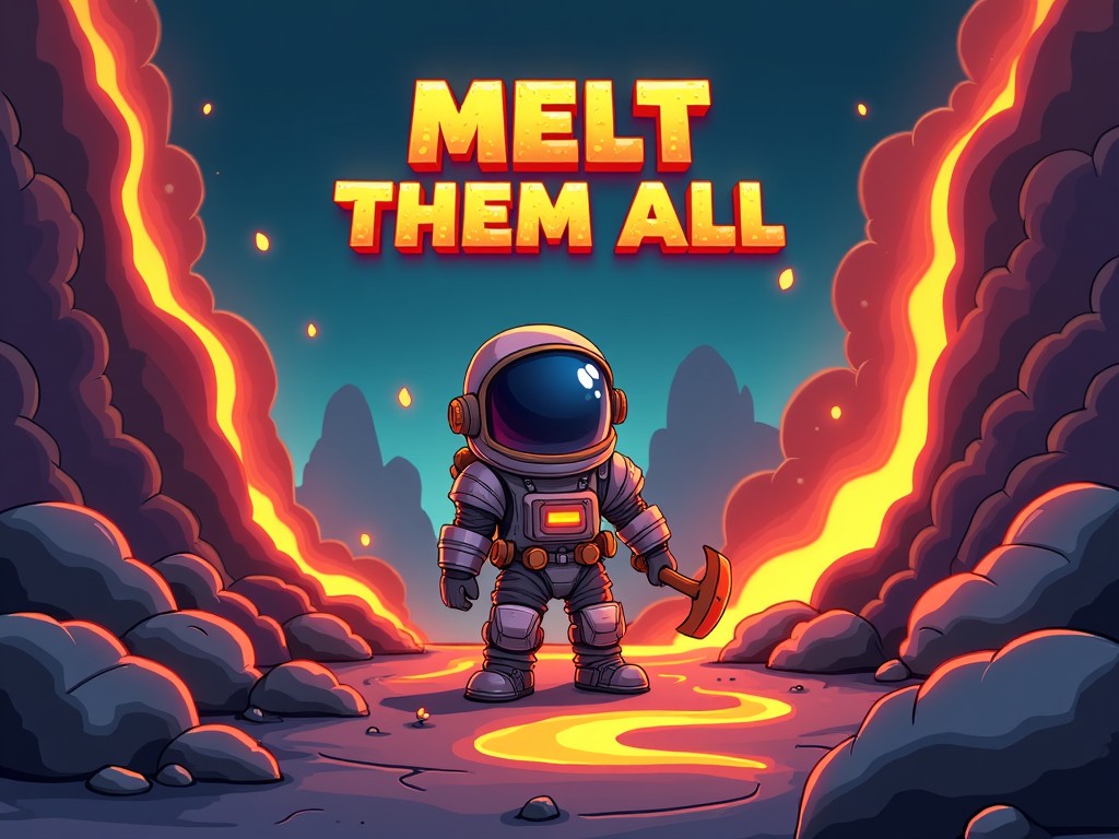 A cartoon astronaut with a pickaxe in a volcanic landscape, surrounded by flowing lava. The text 'MELT THEM ALL' appears above.