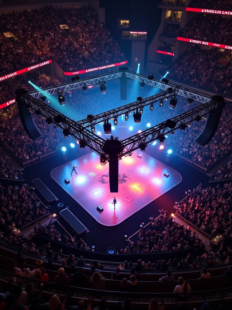 Aerial view of a Roddy Rich concert at Madison Square Garden. Dynamic stage with colorful lights and performers. Large crowd enjoying the live performance. The T-stage runway is clearly visible. High energy atmosphere captured from above.