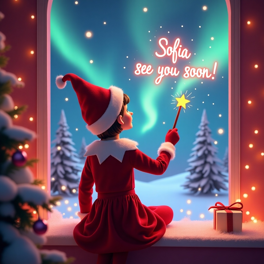 This image captures an enchanting Christmas scene with a female elf on the shelf. She is dressed in traditional red and white, holding a magic wand. In a glowing script above her, she writes 'Sofia see you soon!' The backdrop features vibrant northern lights, adding to the magical ambiance. The overall color scheme is pink and festive, embodying the spirit of Christmas. The elf's position creates a sense of wonder, encapsulating the joy and excitement of the holiday season.