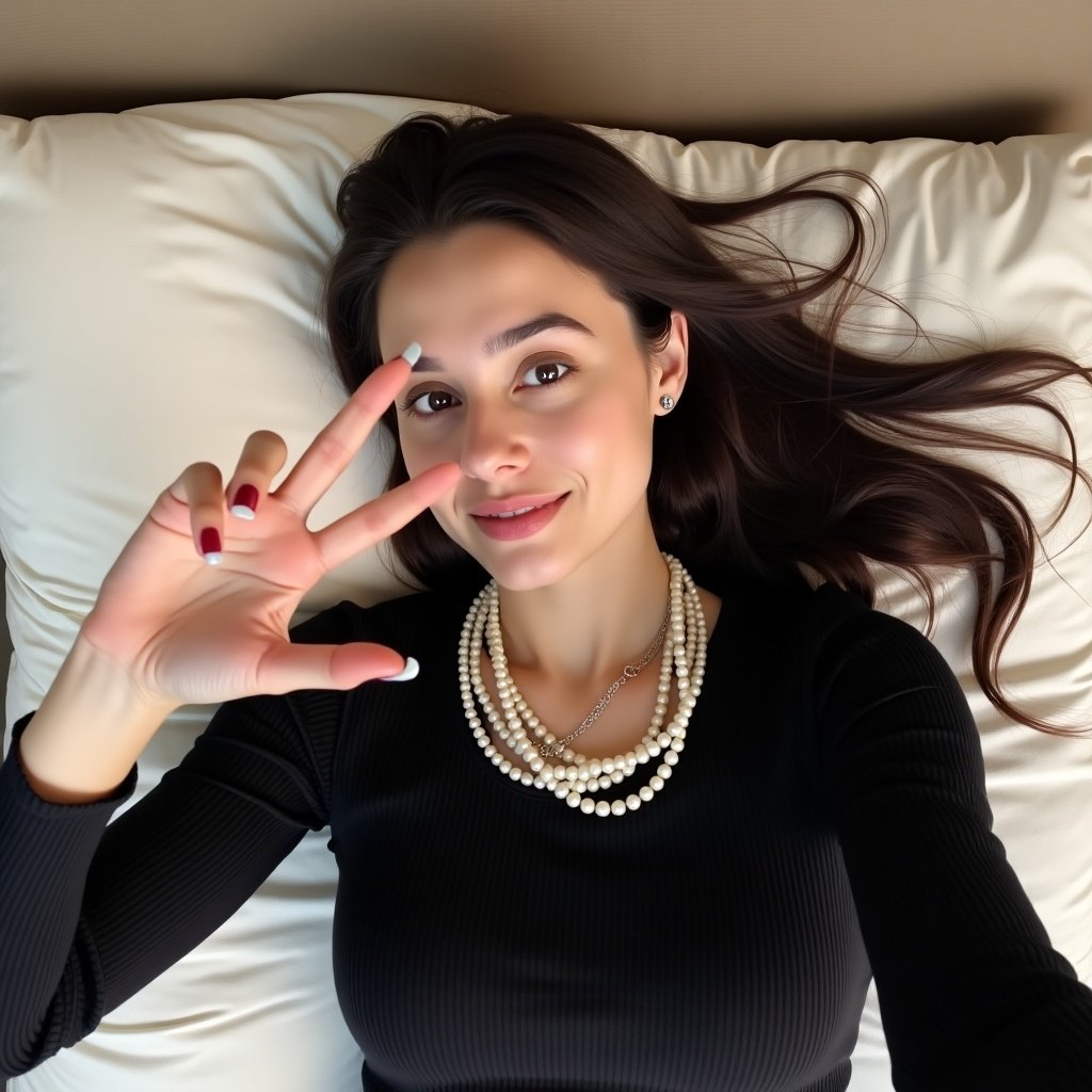 Person lying on a pillow. Wearing black ribbed top and layered pearl necklace. Making Loser gesture with one hand. Long dark hair spreads over the pillow. Taking a selfie.