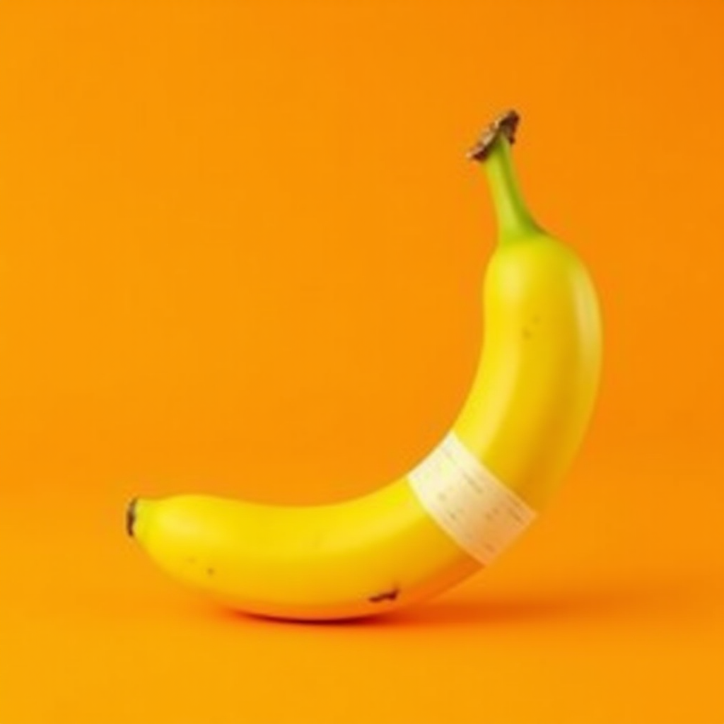 A ripe yellow banana with a sticker is set against a vibrant orange background.