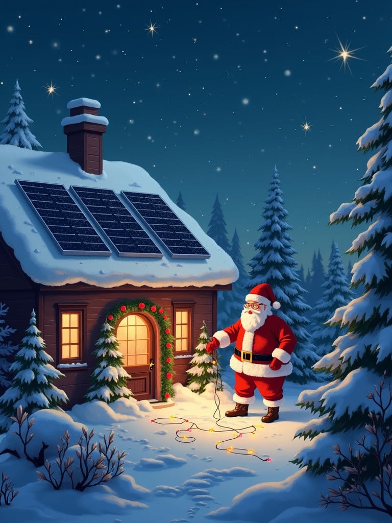 Santa Claus is outside a snowy house. Solar panels are on the roof. Christmas lights are in Santa's hand. Snow-covered trees surround the house. The night sky is full of stars.