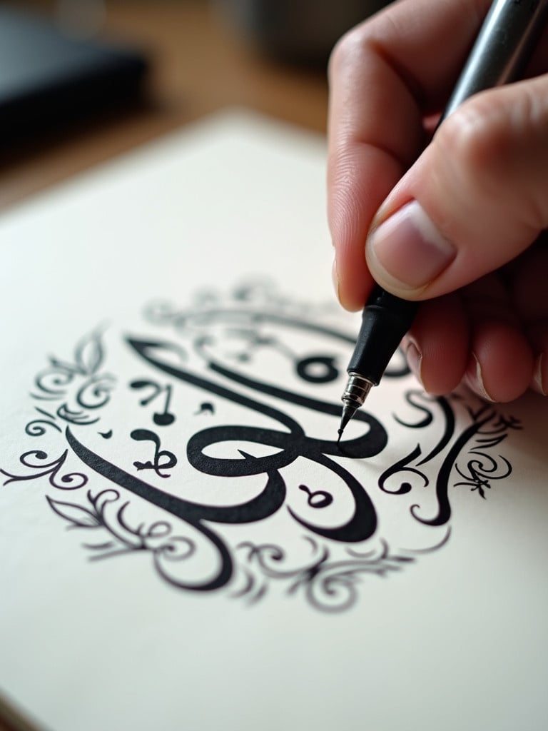 Close-up view of hand using pen to write Arabic calligraphy. Bold black ink on white paper with designs surrounding the letters. Soft lighting enhances the strokes. The word Alekya is being written.