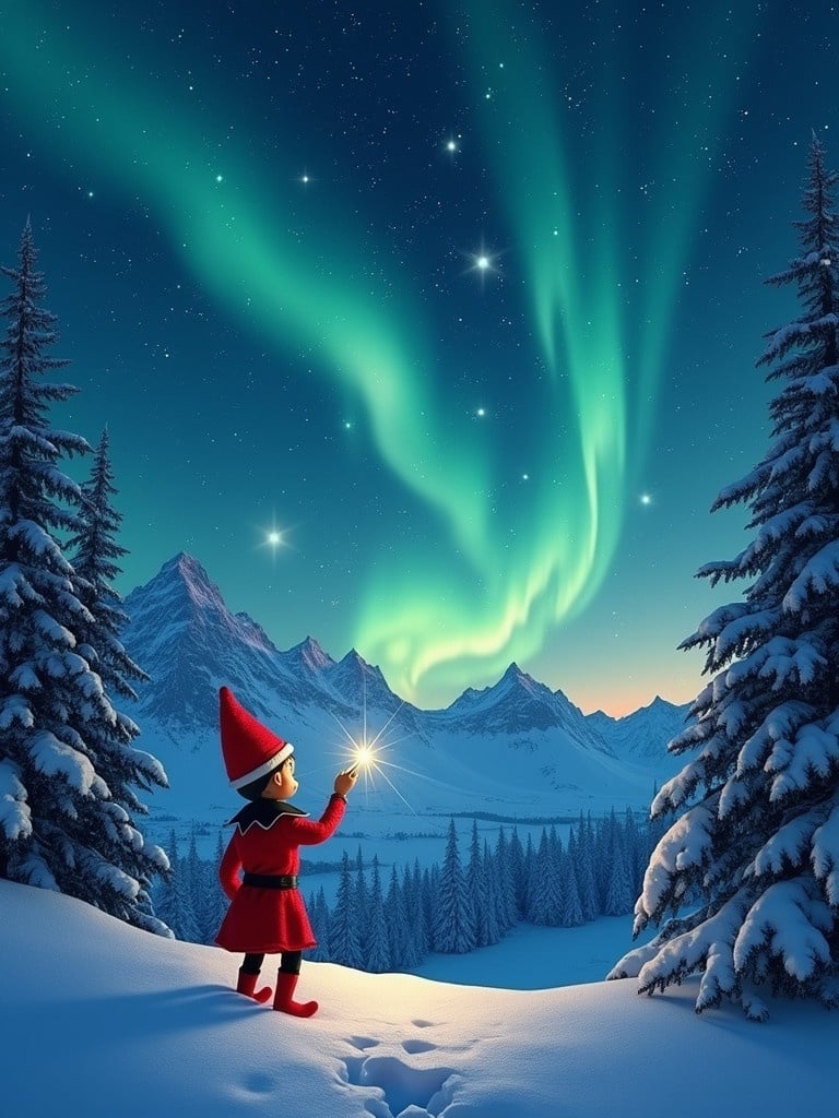 Elf in red costume stands in snowy mountains. Elf uses magic wand to write 'See you next year' in sky. Vibrant northern lights shimmer above. Landscape features deep snow, tall pine trees, starry night. Scene evokes holiday magic.