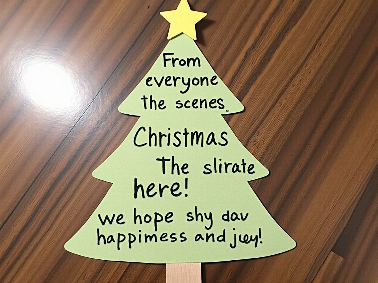 Decorative Christmas tree shape green and yellow. Sign reads From everyone behind the scenes at Craft Concoctions. Message of happiness and joy for Christmas.