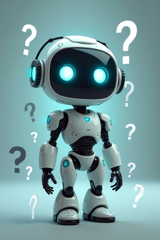 Cute robot character with rounded head and glowing blue eyes. Surrounded by question marks. Soft lighting and gradient background.