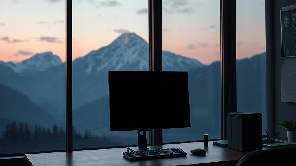 A dimly lit office with a computer setup overlooks a peaceful mountain landscape at sunrise through large windows.