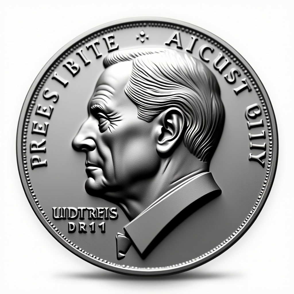 A silver coin featuring a profile portrait of a man with an inscription around the edge.