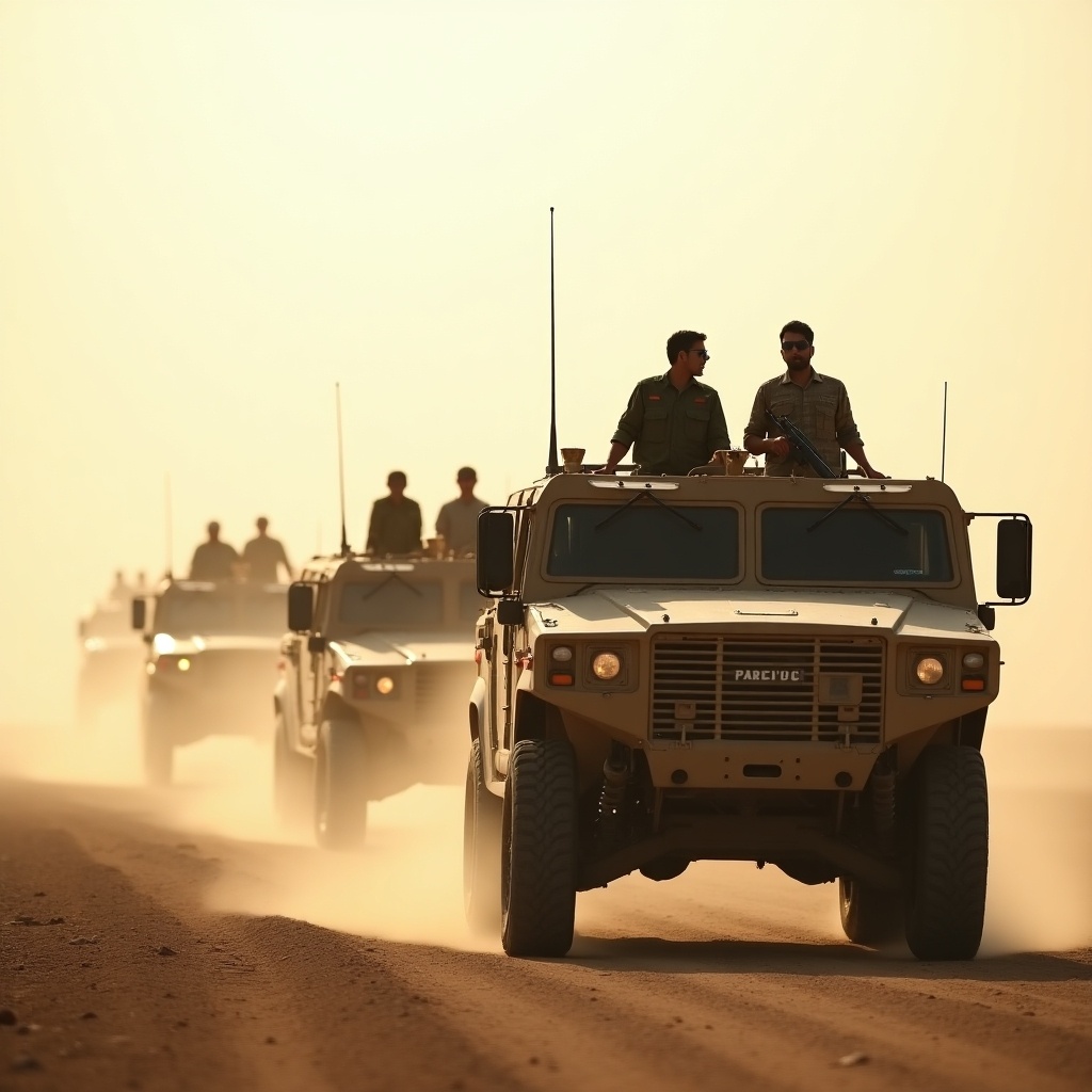 Image showcases convoy of armored military vehicles in a desert. Soldiers positioned on vehicles ready for action. Bright sunlight creates contrast with dusty backdrop. Convoy represents Pakistan army in tactical formation. Dust trails enhance sense of movement in military operation.