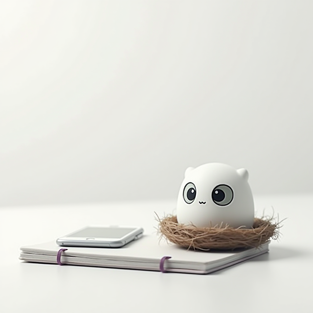 A cute, wide-eyed figurine sitting in a small nest beside a smartphone and a notebook on a white surface.