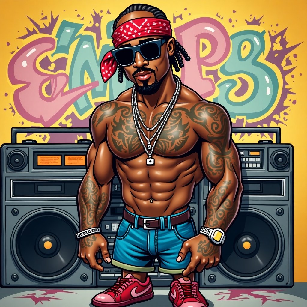 Cartoon representation of a muscular male character inspired by hip-hop culture. Character wears sunglasses, a headband, and shorts. Background features colorful graffiti style lettering with retro boomboxes.