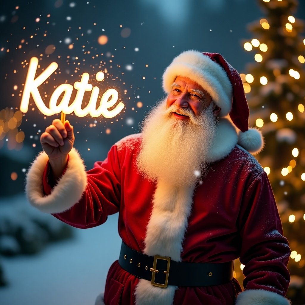 Image shows Santa Claus celebrating Christmas night. He wears a red suit with white fur trim. Soft snow is falling around him. Santa holds a glowing stick that lights the word 'Katie'. The background has fairy lights and Christmas trees. Scene evokes warmth and festive cheer for family celebrations.