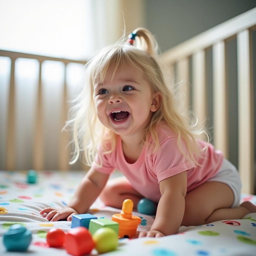 Image captures joyful toddler playing in crib. Girl with long blond hair beams with happiness. Wearing pink t-shirt and diaper. Crib filled with colorful toys on playful patterned sheet. Soft bright lighting creates inviting atmosphere. Scene evokes feelings of joy and innocence showcasing childhood exploration.