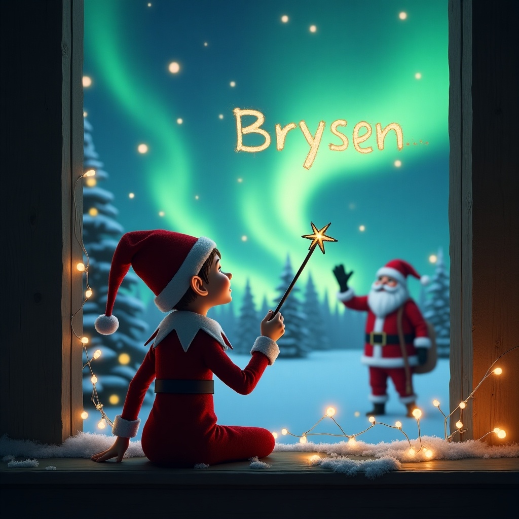 This enchanting image features an elf on the shelf sitting with its back to the viewer, gazing up at a magical sky. With a wand in hand, the elf is vividly writing the name 'Brysen' against the backdrop of mesmerizing northern lights. The scene is set outside a cozy cabin adorned with Christmas lights. In the distance, Santa Claus appears, waving cheerfully. Snowy trees add to the winter wonderland atmosphere, encapsulating the essence of Christmas magic.