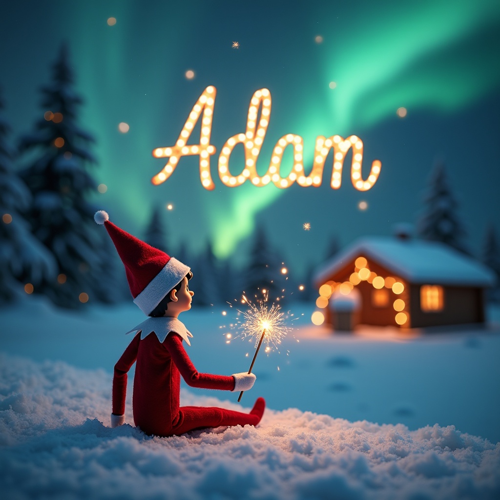 An elf on the shelf is seated on a snowy ground, with his back facing the viewer as he gazes upward. He holds a shimmering magic wand, enchanting the night sky. Above him, the name 'Adam' is written in elegant, sparkling letters amidst a backdrop of vibrant northern lights. The scene is magical, embodying the essence of Christmas, with soft snow covering the landscape and a cozy cabin visible in the background. The entire atmosphere radiates warmth and festive spirit that captures the joy of the holiday season.