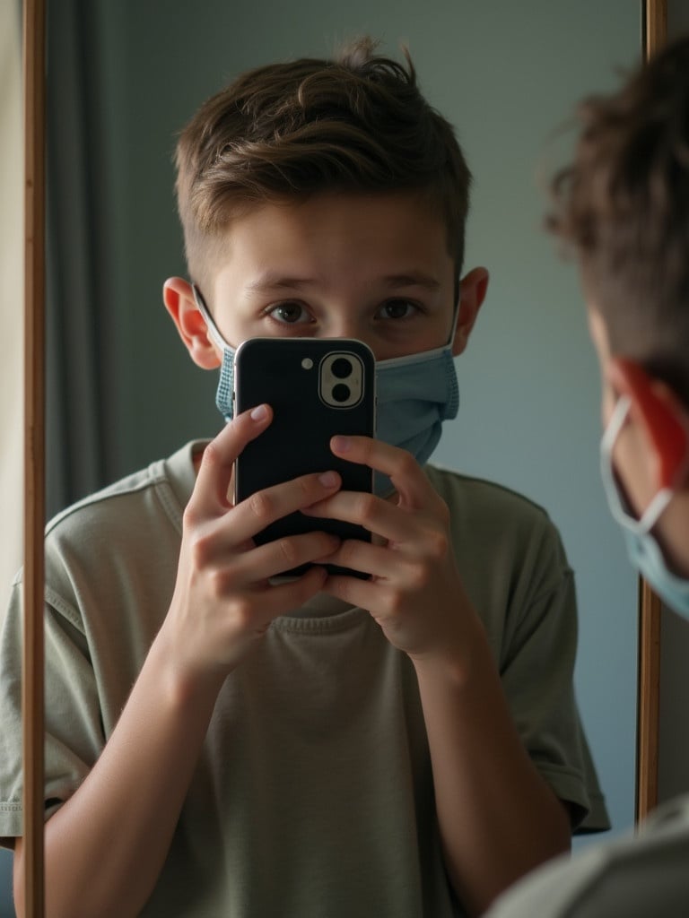 A boy takes a selfie in front of a mirror. He wears a face mask. The background is softly lit. The boy holds a smartphone in his hands.