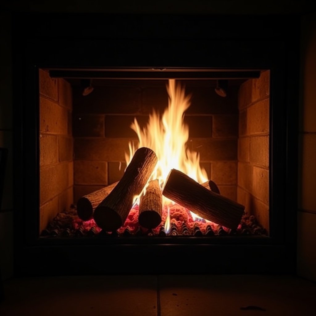 Image of a fireplace with logs ablaze. Fire creates a warm ambiance. Dark surroundings enhance the glow of flames.