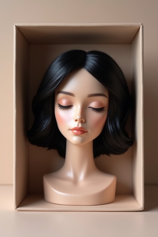 Realistic female head is placed in a soft and neutral-toned box. Box has a modern design. Black hair is visible and well-styled. Soft lighting enhances the overall look. Focus is on head and box design.