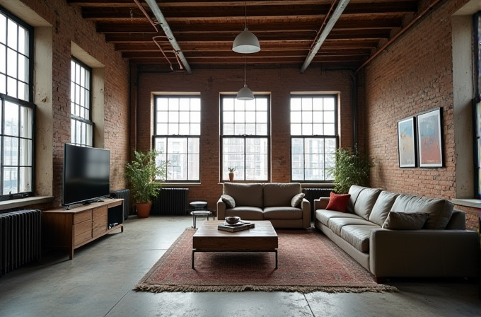 A spacious loft living room with exposed brick walls, large windows, and modern furniture, featuring a cozy rug and potted plants for a touch of greenery.