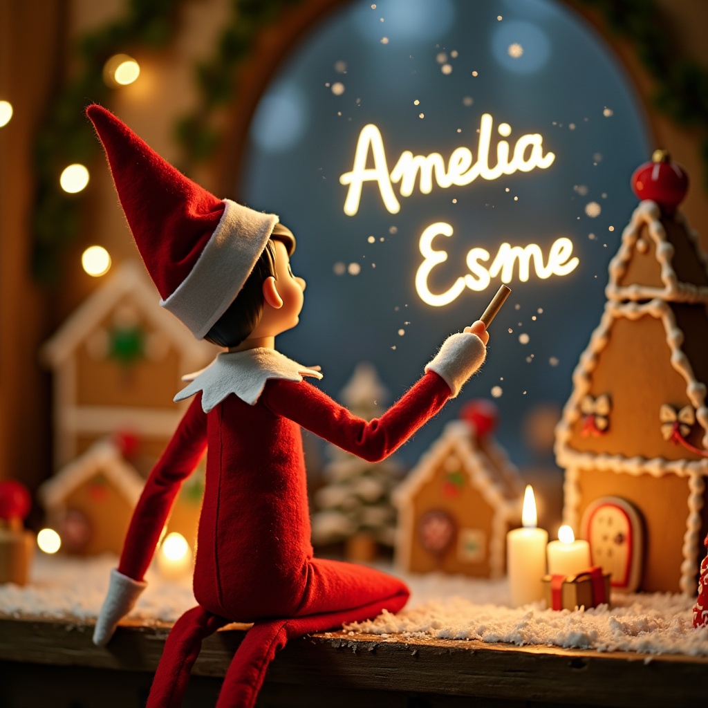 An enchanting Christmas scene featuring an elf on the shelf. The elf is dressed in red and white, facing the sky as he writes the names 'Amelia' and 'Esme' in glowing script. He holds a magic wand, adding to the sense of wonder. The background showcases a charming gingerbread fame, enhancing the magical ambiance. The scene captures the excitement and joy of the holiday season, creating a whimsical twist that delights viewers.