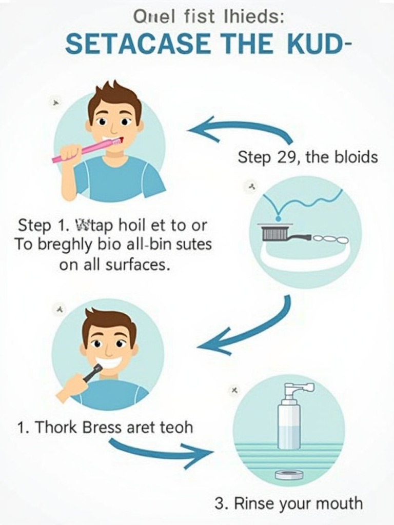 This image shows steps for dental hygiene. Step 1 is brushing teeth. Step 2 is brushing for 29 minutes on all surfaces. Step 3 is rinsing the mouth. The design features clear graphics and arrows for instructions.