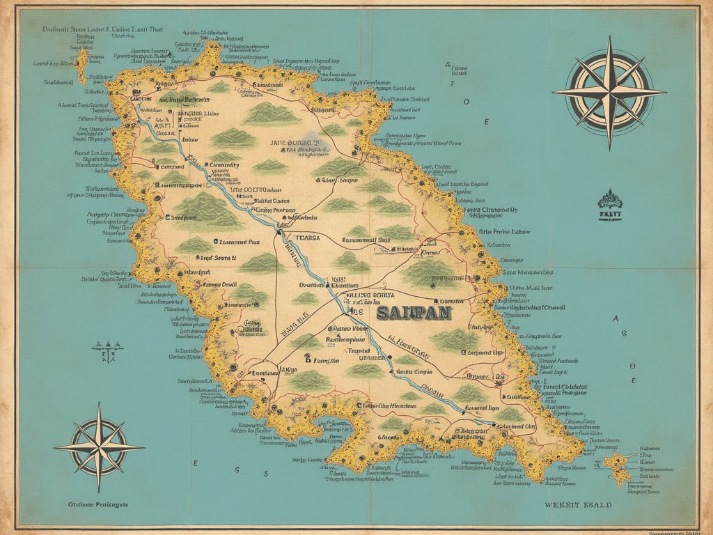 This image is a vintage-style map of Saipan, part of the Northern Mariana Islands. It features detailed geographical information, including roads, landmarks, and place names. The color palette consists of warm tans and cool teals, enriching the island's depiction. Compass roses are placed at the corners, indicating directions. The overall design gives the image an aged, historical feel, making it a perfect visual for travel guides or educational resources.